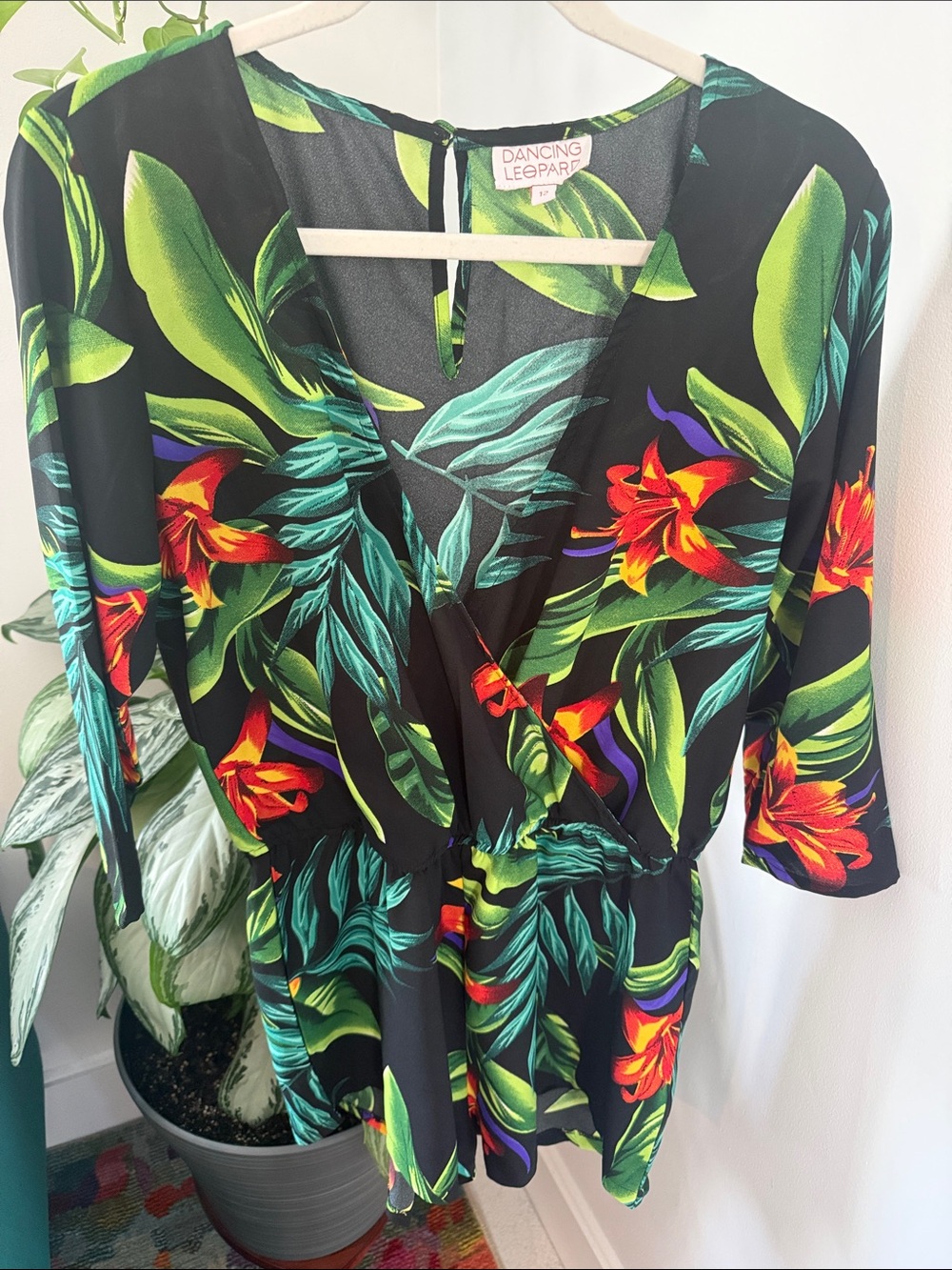 Dancing Leopard Tropical Floral Romper in Black & Green